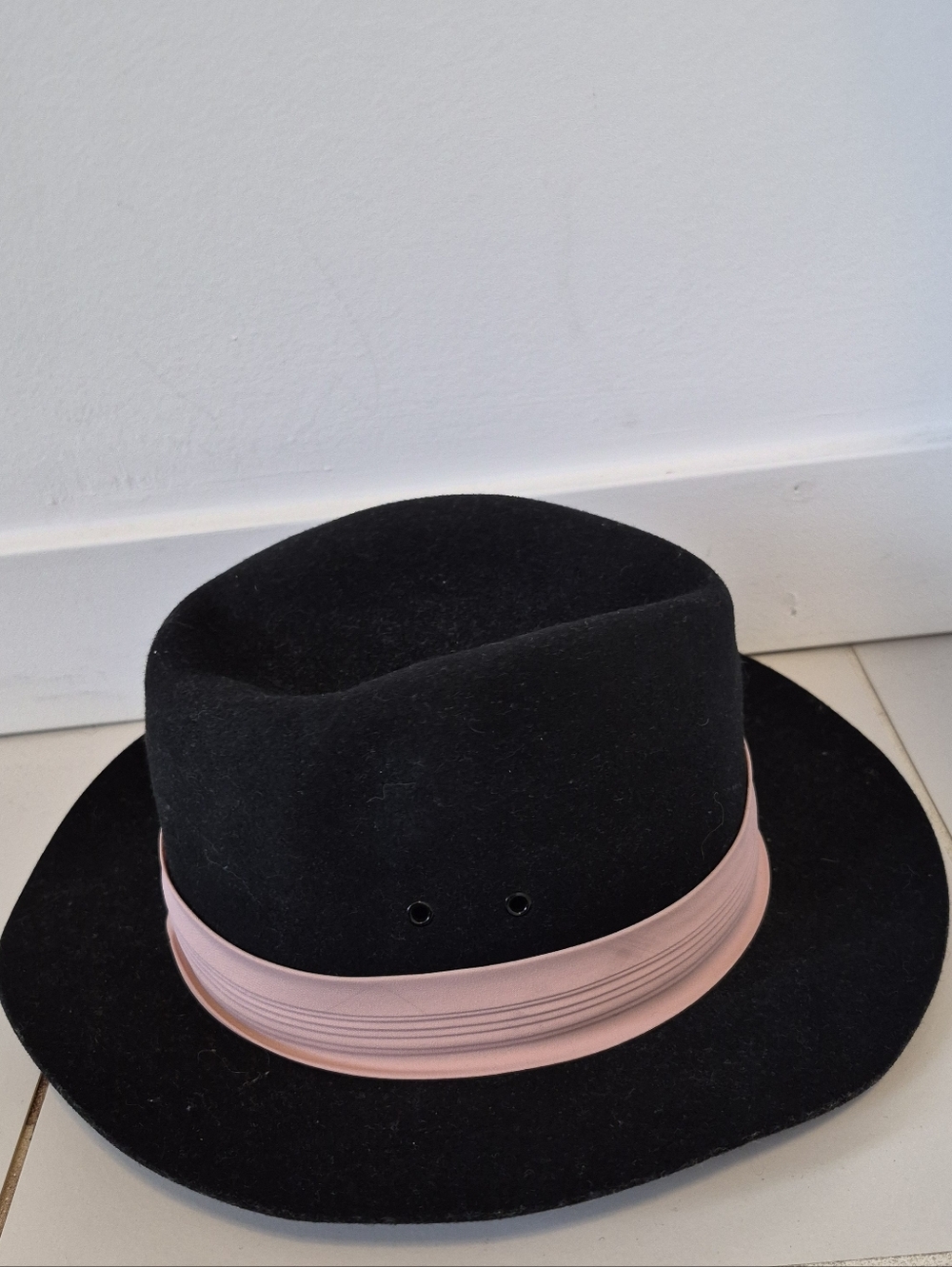 Classic Black Wool Fedora with Blush Pink Band - Women's Hat